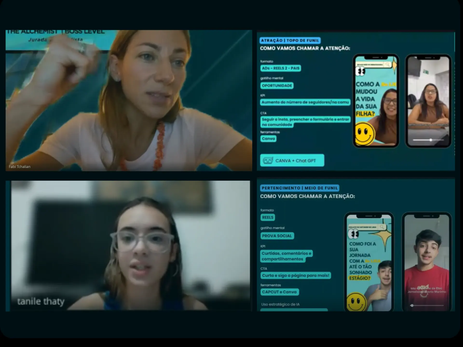 Sessão online do Game On com mentora e estudantes apresentando o projeto